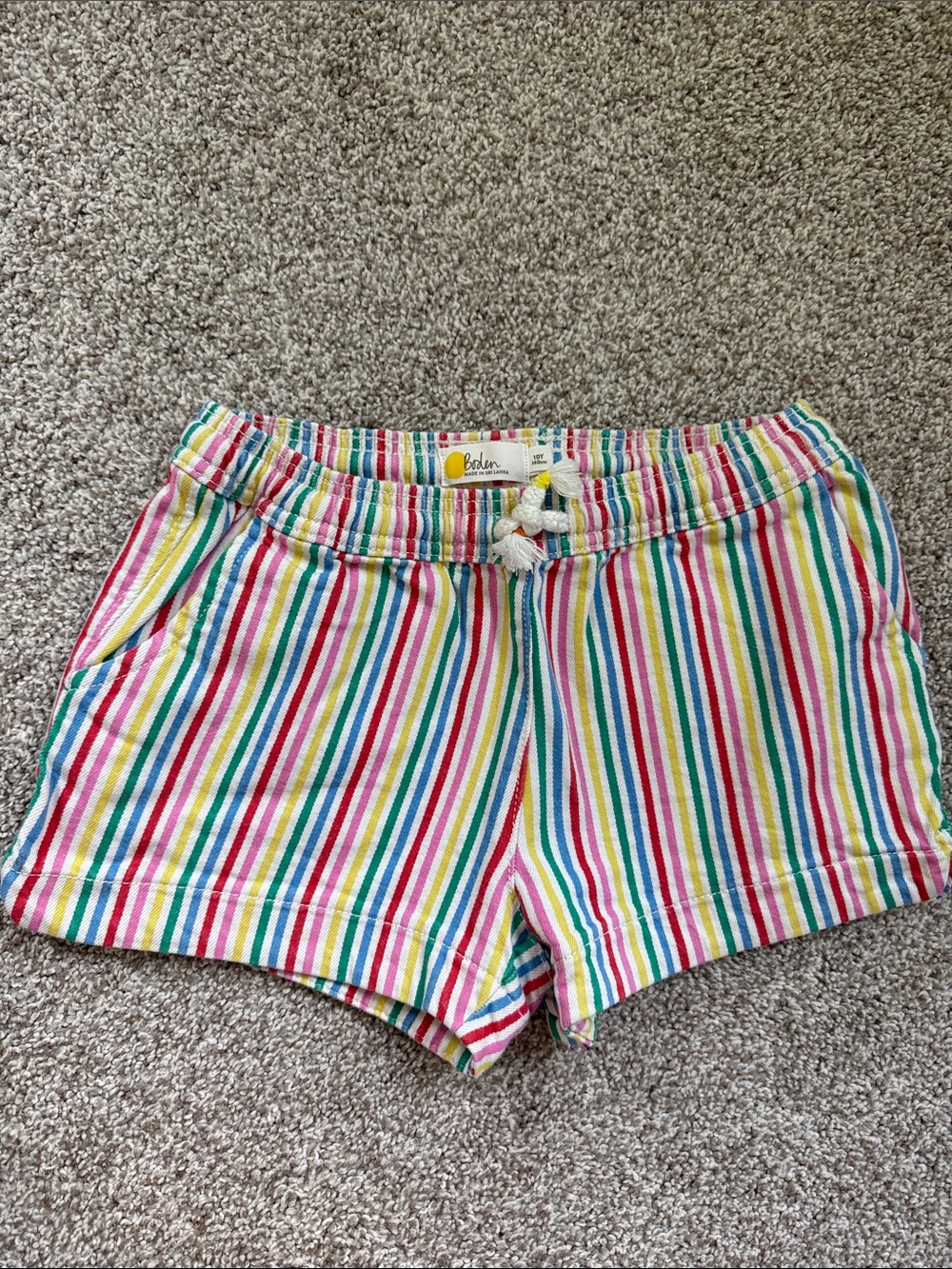 Boden Rainbow Stripe Pull-on Denim Shorts with Heart Pockets Girls size 10Y